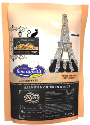 Сухой корм для кошек Bon Appetit Cat Adult Sensitive с лососем и курицей / 681861 (1.5кг)