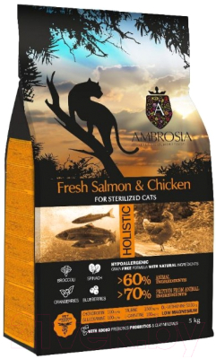 Сухой корм для кошек Ambrosia Grain Free для стерилизованных кошек, лосось, курица / U/ACSS5 (5кг)