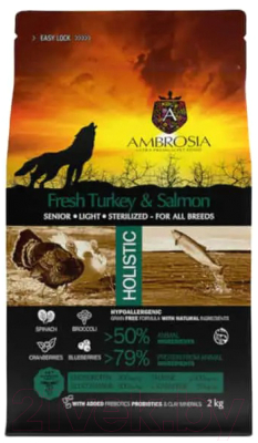 Сухой корм для собак Ambrosia Grain Free для пожилых с избыт. весом индейка и лосось / U/ATS2 (2кг)