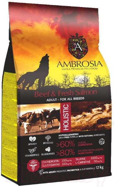 Сухой корм для собак Ambrosia Grain Free для всех пород с говядиной и лососем / U/ABS12 (12кг)