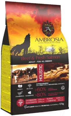 Сухой корм для собак Ambrosia Grain Free для всех пород с говядиной и лососем / U/ABS12 (12кг)