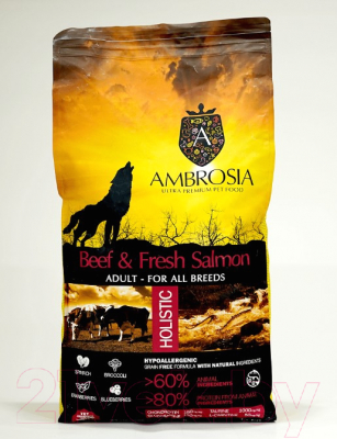 Сухой корм для собак Ambrosia Grain Free для всех пород с говядиной и лососем / U/ABS12 (12кг)