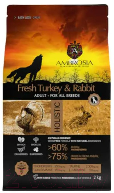 Сухой корм для собак Ambrosia Grain Free для всех пород с индейкой и кроликом / U/ATR2 (2кг)