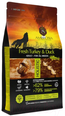Сухой корм для собак Ambrosia Grain Free для всех пород с индейкой и уткой / U/ATD2 (2кг)