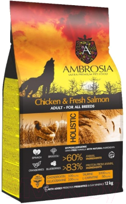 Сухой корм для собак Ambrosia Grain Free для всех пород с курицей и лососем / U/ACS12 (12кг)
