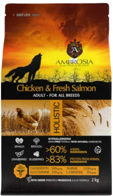 Сухой корм для собак Ambrosia Grain Free для всех пород с курицей и лососем / U/ACS2 (2кг)