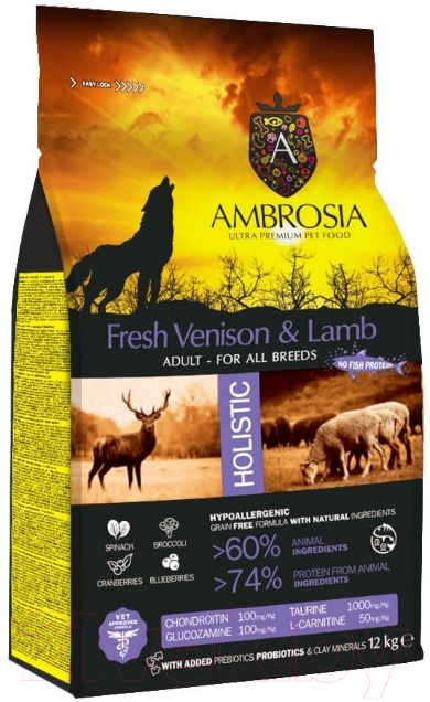 Сухой корм для собак Ambrosia Grain Free для всех пород с олениной и ягненком / U/AVL12 (12кг)