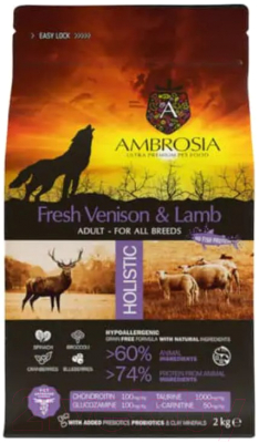 Сухой корм для собак Ambrosia Grain Free для всех пород с олениной и ягненком / U/AVL2 (2кг)