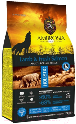 Сухой корм для собак Ambrosia Grain Free для всех пород с ягненком и лососем / U/ALS12 (12кг)