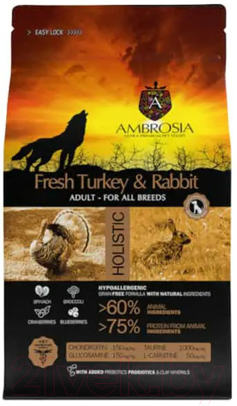 Сухой корм для собак Ambrosia Grain Free чувств. пищевар с индейкой и кроликом / U/ATR12 (12кг) — фото 2