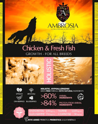 Сухой корм для собак Ambrosia Grain Free для щенков всех пород с курицей и рыбой / U/ACF6 (6кг)