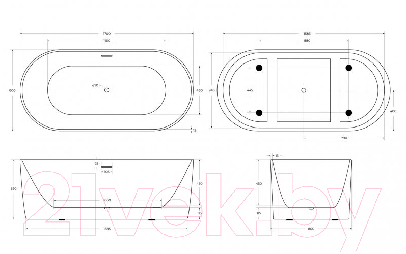 Ванна акриловая BelBagno BB411-1700-800