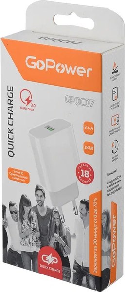 Адаптер питания сетевой GoPower GPQC07 1USB 18W QC3.0 / 00-00022767 (белый)