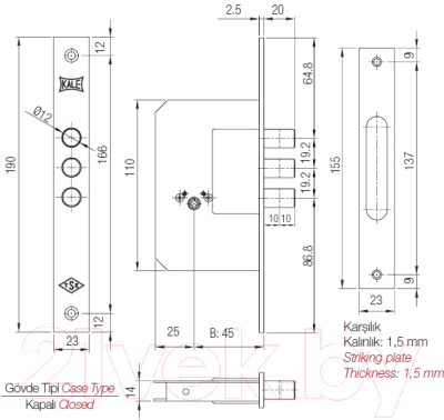 Замок врезной Kale 189 3MF / 189F0000012 (латунь)