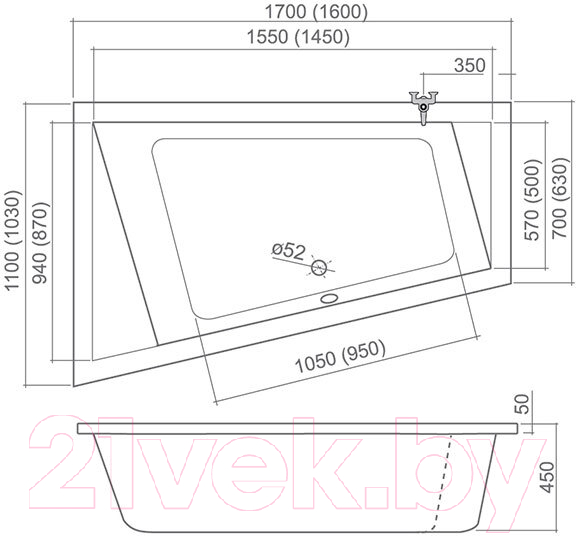 Ванна акриловая Roth Kubic Asymmetric 170 R / 9690001