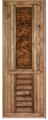 Деревянная дверь для бани Dlyabani Состаренная с 3D панно 80x190 / 300498 (глухая липа, коробка сосна)