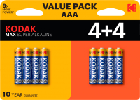 Комплект батареек Kodak Max Super Alkaline AAA LR03 4+4BL (8шт) - 
