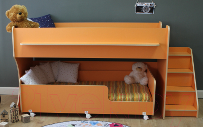 Двухъярусная кровать детская Капризун 12 Р444-2 с лестницей и ящиками (оранжевый)