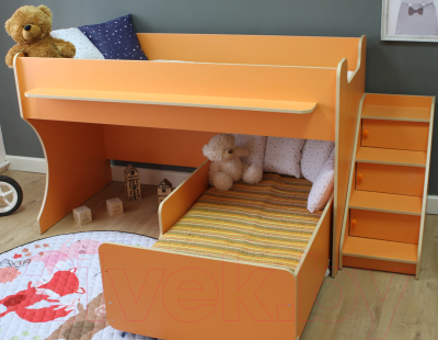 Двухъярусная кровать детская Капризун 12 Р444-2 с лестницей и ящиками (оранжевый)