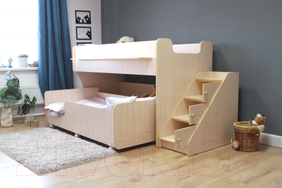 Двухъярусная кровать детская Капризун 12 Р444-2 с лестницей и ящиками (дуб млечный)