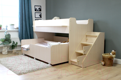 Двухъярусная кровать детская Капризун 12 Р444-2 с лестницей и ящиками (дуб млечный)
