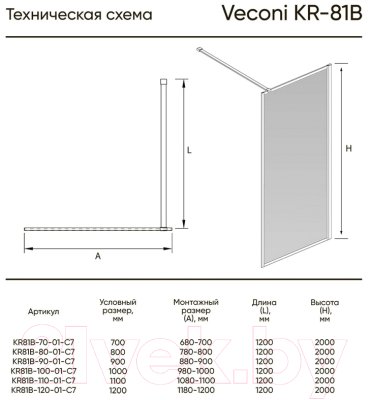 Душевая стенка Veconi 80x200 / KR81B-80-01-C7 (стекло прозрачное/черный)