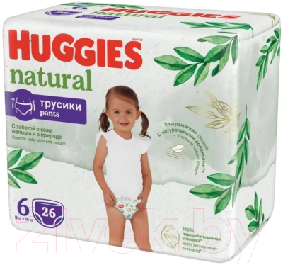 Подгузники-трусики детские Huggies Natural Mega 6 15кг (26шт)