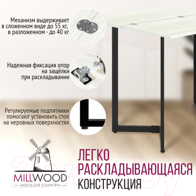 Обеденный стол Millwood Арлен 3 38-76x110x76 (дуб белый Craft/металл черный)