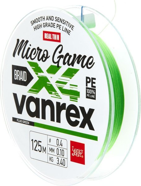 Леска плетеная Lucky John Vanrex Micro Game Х4 Braid Fluo Green 125/010 / LJ4115-010