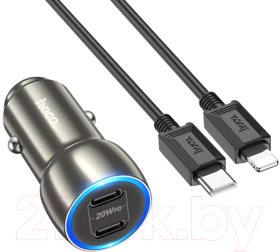 Зарядное устройство автомобильное Hoco Z48 + кабель Type-C to Lightning (металлик)
