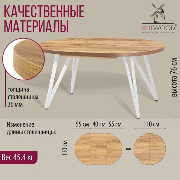 Обеденный стол Millwood Женева 3 D раздвижной D110-150x110x75 (дуб золотой Craft/металл белый)