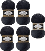 Набор пряжи для вязания Alize Lanagold 49% шерсть, 51% акрил / 60 (240м, черный, 5 мотков) - 