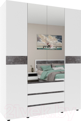 Шкаф Doma Лотос 4х-дверный ЛДСП/зеркало 1600 (белый/бетон серый)