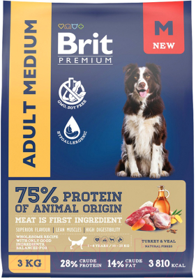 Сухой корм для собак Brit Premium Dog Adult Medium с индейкой и телятиной / 5063161 (3кг)