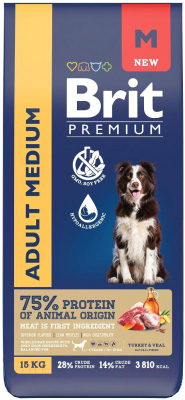 Сухой корм для собак Brit Premium Dog Adult Medium с индейкой и телятиной / 5063185 (15кг)