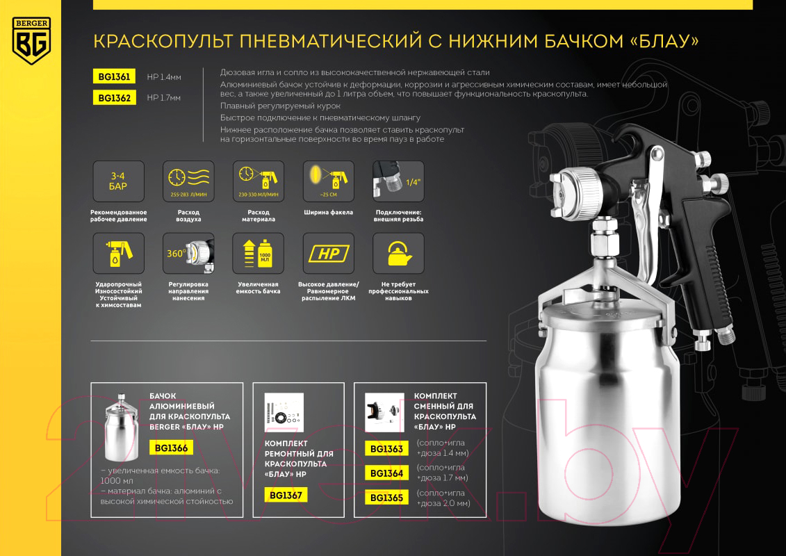 Пневматический краскопульт BERGER Блау HP 1.7 мм / BG1362 (нижний бачок) — фото 8