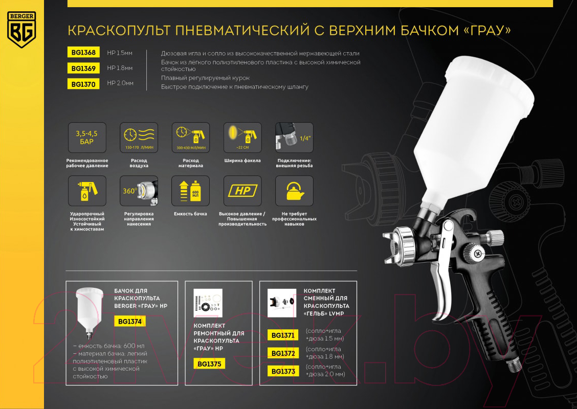 Пневматический краскопульт BERGER Грау HP 1.8мм / BG1369 (верхний бачок) — фото 11