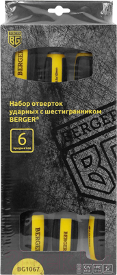 Набор отверток BERGER Ударных с шестигранником / BG1067 (6 предметов)