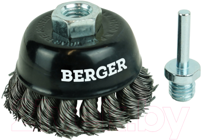 Щетка для электроинструмента BERGER Чашеобразная 75мм гайка М14 + хвостовик 6мм / BG1743 (витая оцинкованная сталь 0.5мм)