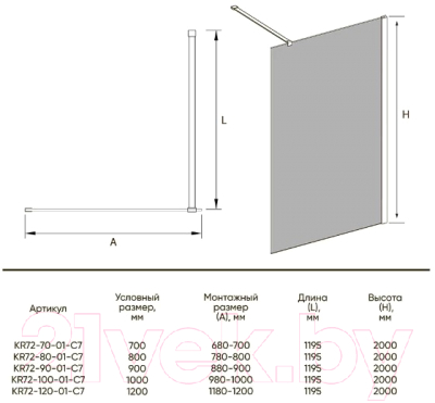 Душевая стенка Veconi 90x200 / KR72-90-01-C7 (стекло прозрачное/хром)