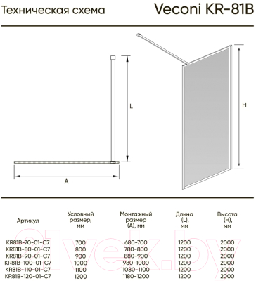 Душевая стенка Veconi 110x200 / KR81B-110-01-C7 (стекло прозрачное/черный)