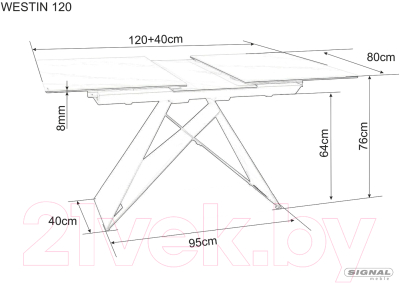 Обеденный стол Signal Westin SC раздвижной 120x160/80/76 (белый мрамор/черный матовый)