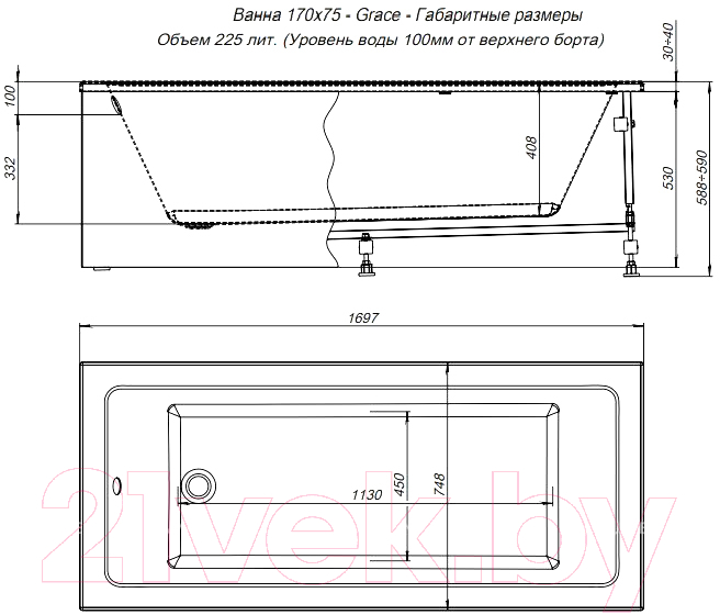 Ванна акриловая Aquanet Grace 170x75