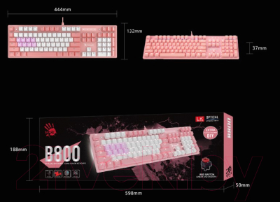 Клавиатура A4Tech Bloody B800 (розовый/белый)