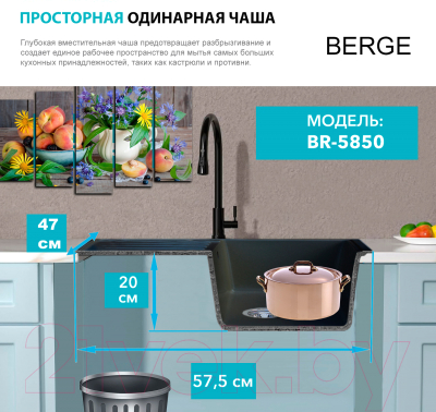 Мойка кухонная со смесителем Berge BR-5850 + смеситель AM.PM Like F8007122 (черный)