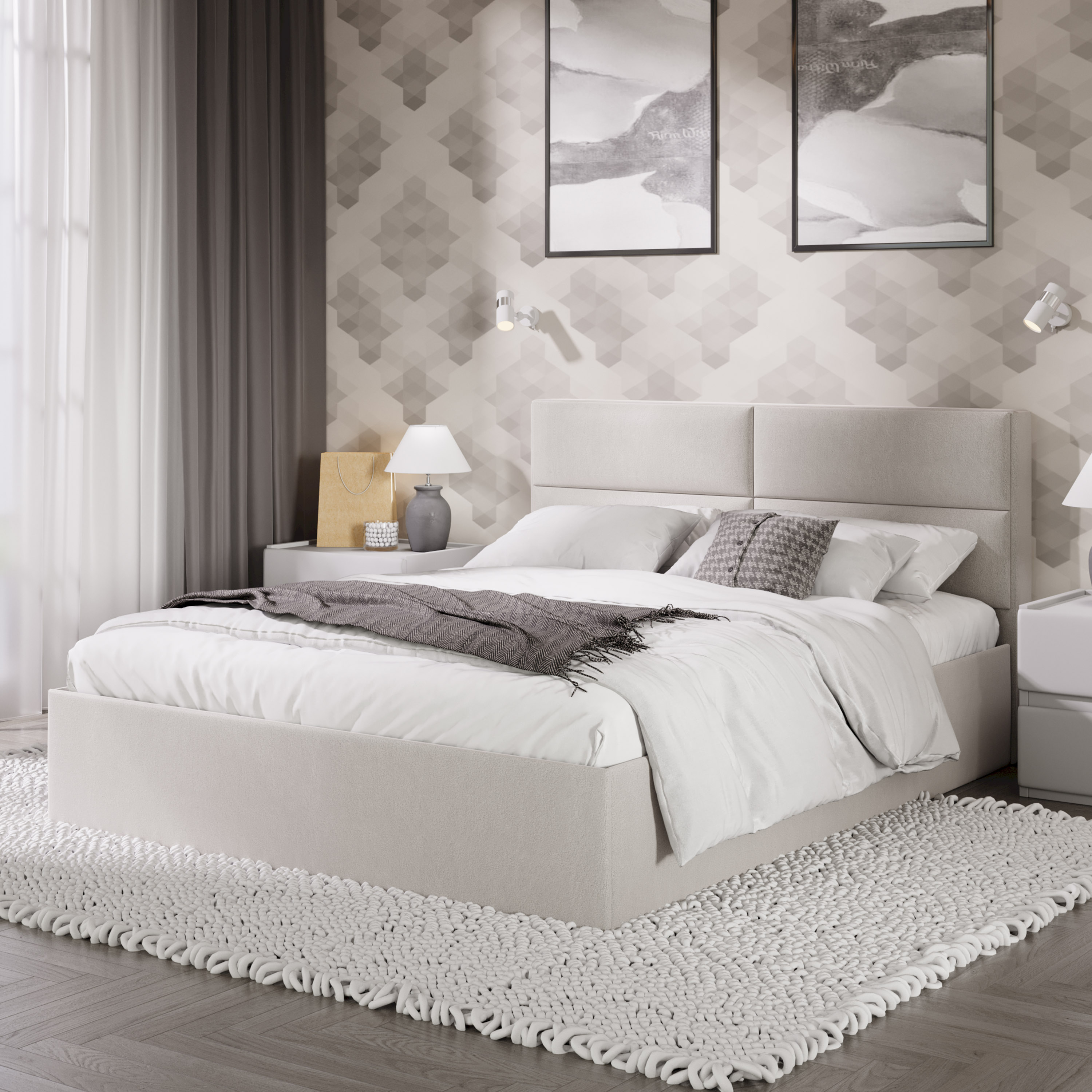Двуспальная кровать ТриЯ Глосс универсальный тип 1 с ПМ и заглушиной 160x200 (велюр Confetti Cream) — фото 6
