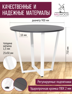 Обеденный стол Millwood Орлеан Л18 D90 (антрацит/металл белый)