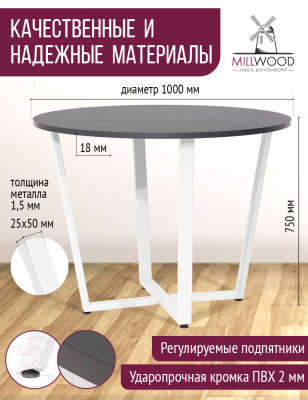 Обеденный стол Millwood Орлеан Л18 D100 (антрацит/металл белый)