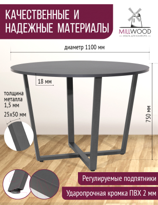 Обеденный стол Millwood Орлеан Л18 D110 (антрацит/графит)