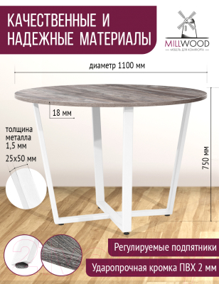 Обеденный стол Millwood Орлеан Л18 D110 (сосна пасадена/металл белый)